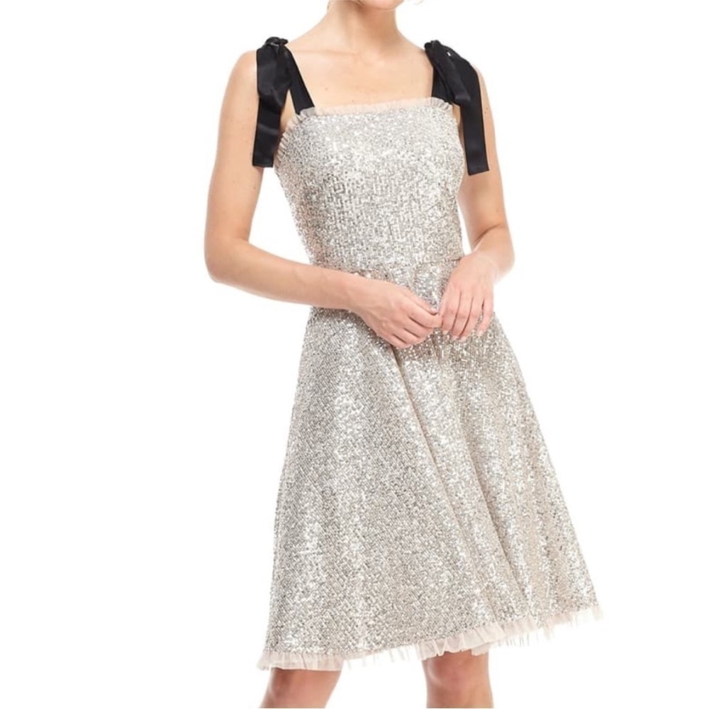 Gal Meets Glam Diana Sequin Dress Silver Black Ribbon Shoulder Tie